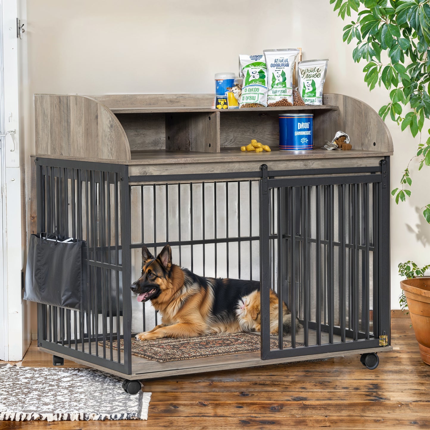 GO 44'' Heavy Duty Large Dog Crate Furniture for Large Medium Dog with Lockable Wheels, Wooden Dog Crate Dog Kennel, End Table Crate with Double layer storage, Gray