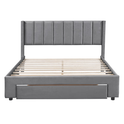 Queen Size Storage Bed Velvet Upholstered Platform Bed with a Big Drawer - Gray(old sku:WF296854AAE)