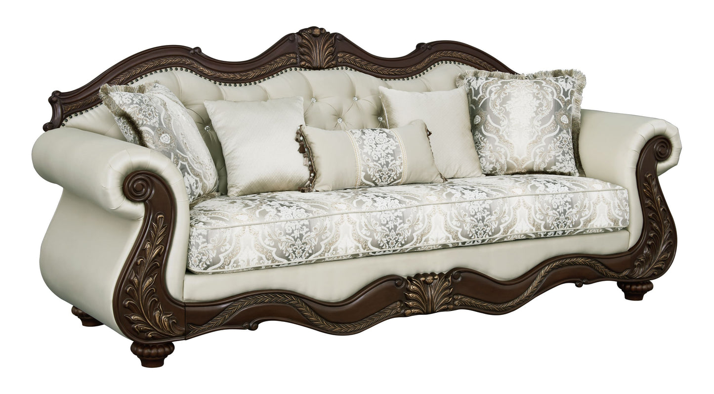 Pierce Beige Fabric & Cherry Finish Sofa w/5 Pillows