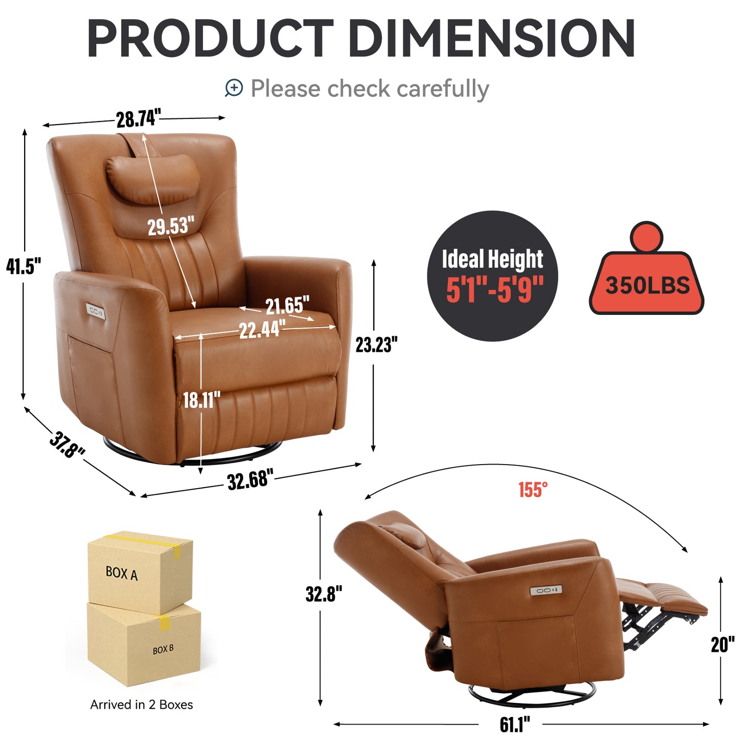 Yellow Brown Leatheraire Swivel and Rocker Power Recliner Chair with Lumbar and Neck Support Pillow, Heavy Duty Motion Mechanism with USB and Type-C