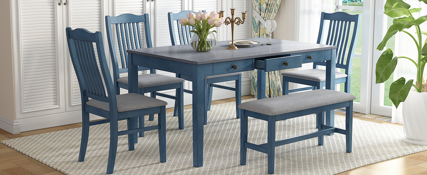 TOPMAX Mid-Century 6-Piece Wood Dining Table Set, Kitchen Table Set with Drawer, Upholstered Chairs and Bench, Antique Blue