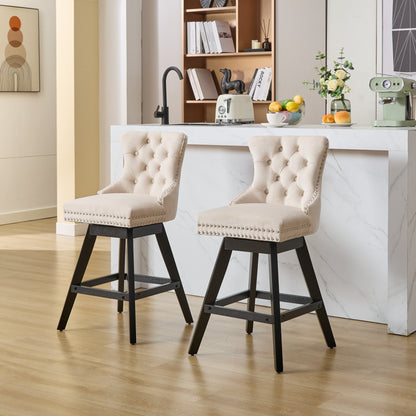 Swivel Velvet Barstools with Button Tufted Decoration and Wooden Legs, and Chrome Nailhead Trim, Leisure Style Bar Chairs,Bar stools, Set of 2 (Beige),SW1860BG