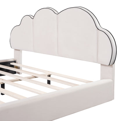 Queen size Upholstered Platform Bed with Cloud-shaped Headboard, Beige