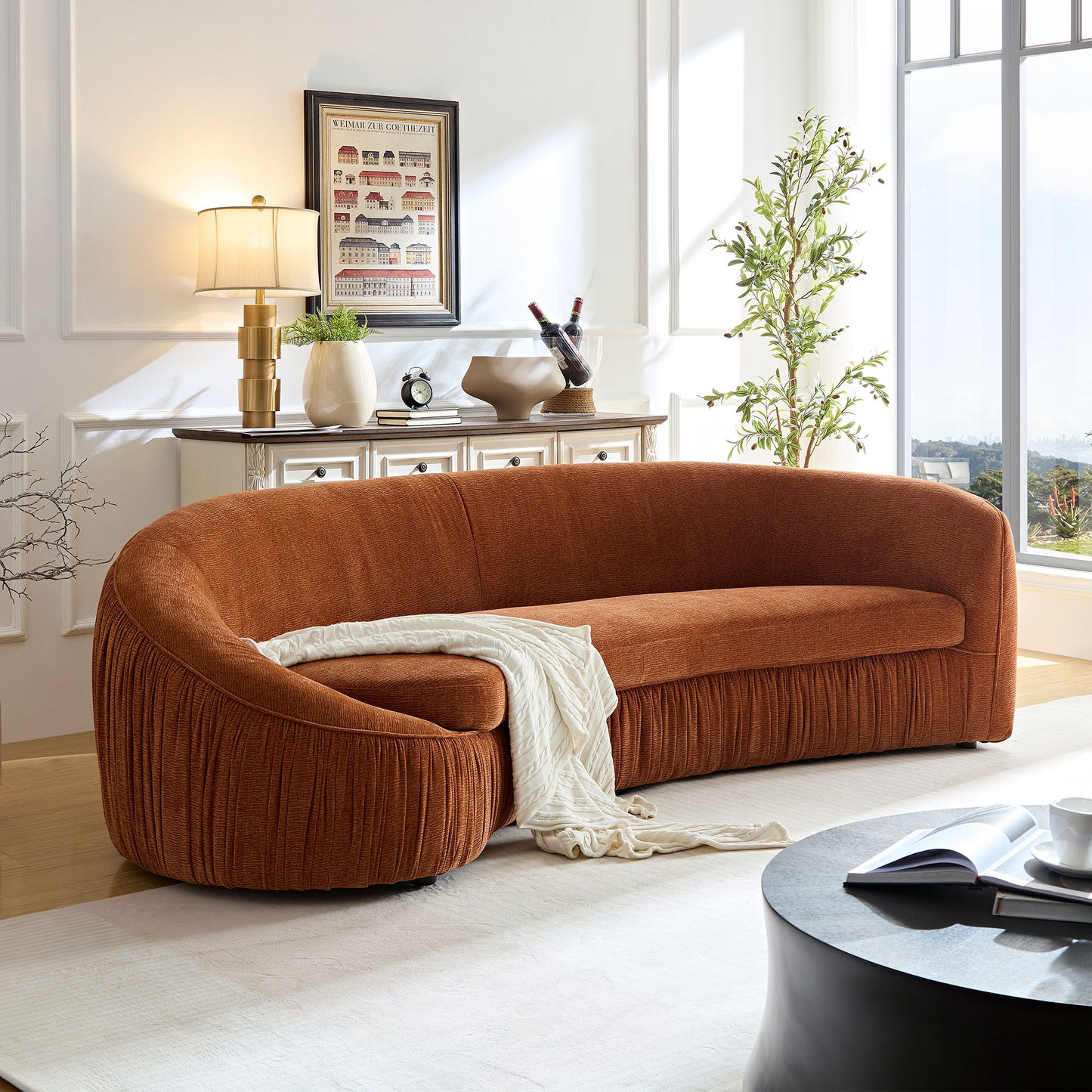 92.13 Inch Modern Design Curved Shaped Sofa Couch for Living Room,Upholstered Fabric 4-Seat Sofa No Need to Assembly Couch for Apartment,Orange