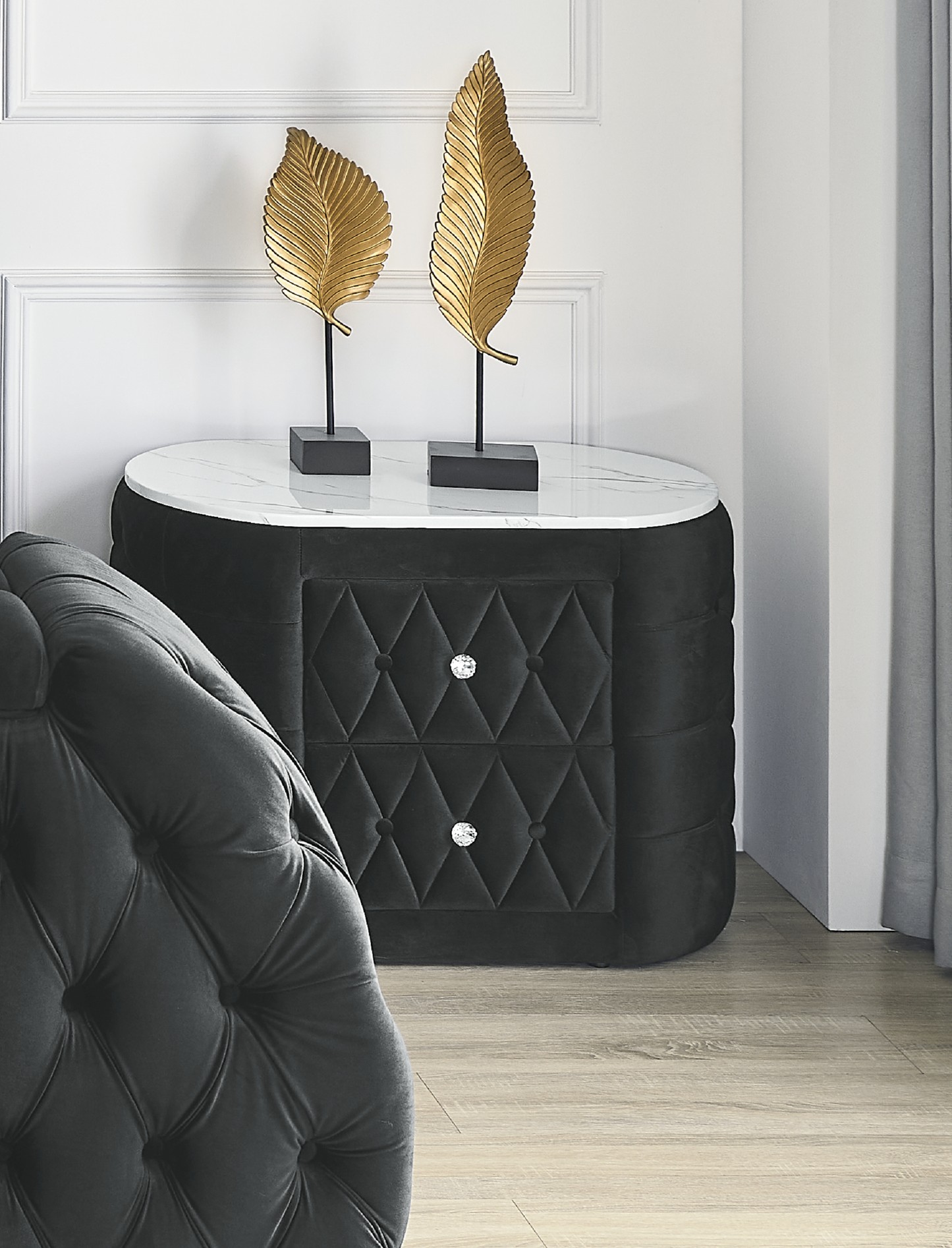 1pc Oval Faux Marble Top Nightstand 2- Drawers Storage Black Finish Button Tufted Faux Crystal Tufted