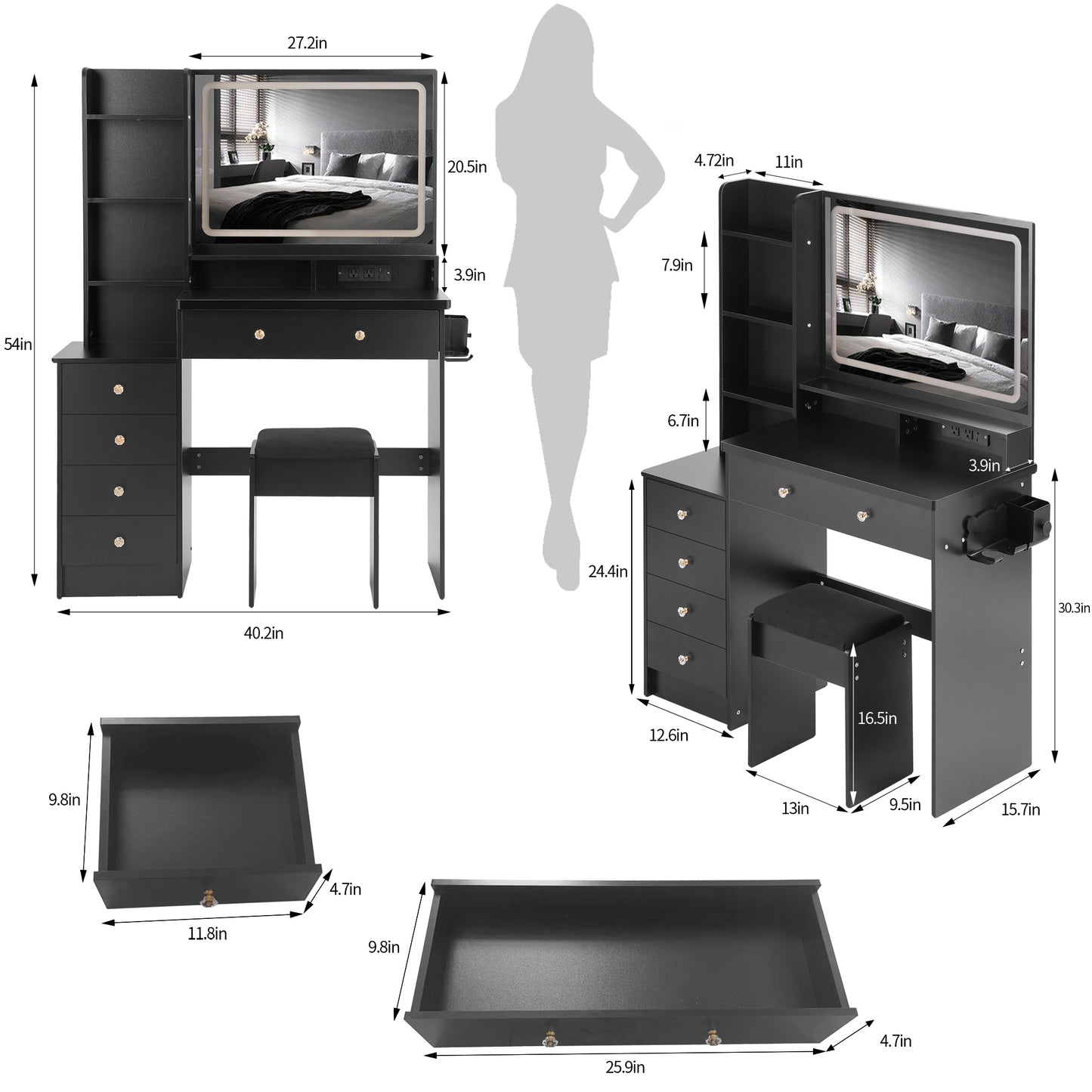 41" Large Size Left Bedside Cabinet Vanity Table+Cushioned Stool Dresser Set, 2 AC+2 USB Power Station, Hair Dryer Stand, Extra Large Touch Control LED Mirror, 3-color Switch, EPA, GCC, UL Certificate