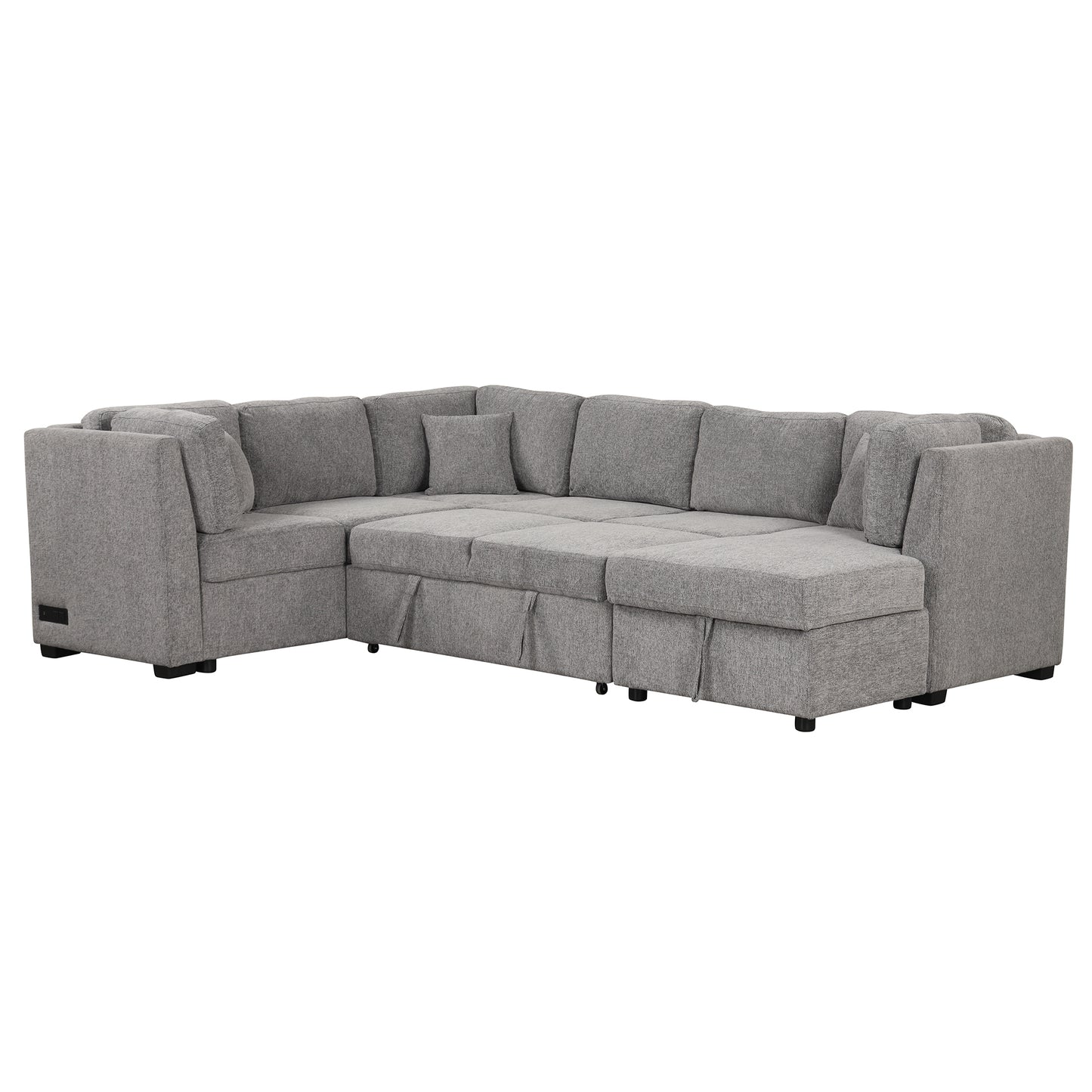 108.6" U-shaped Sectional Sofa Pull out Sofa Bed with Two USB Ports, Two Power Sockets, Three Back Pillows and a Storage Chaise for Living Room, Light Gray