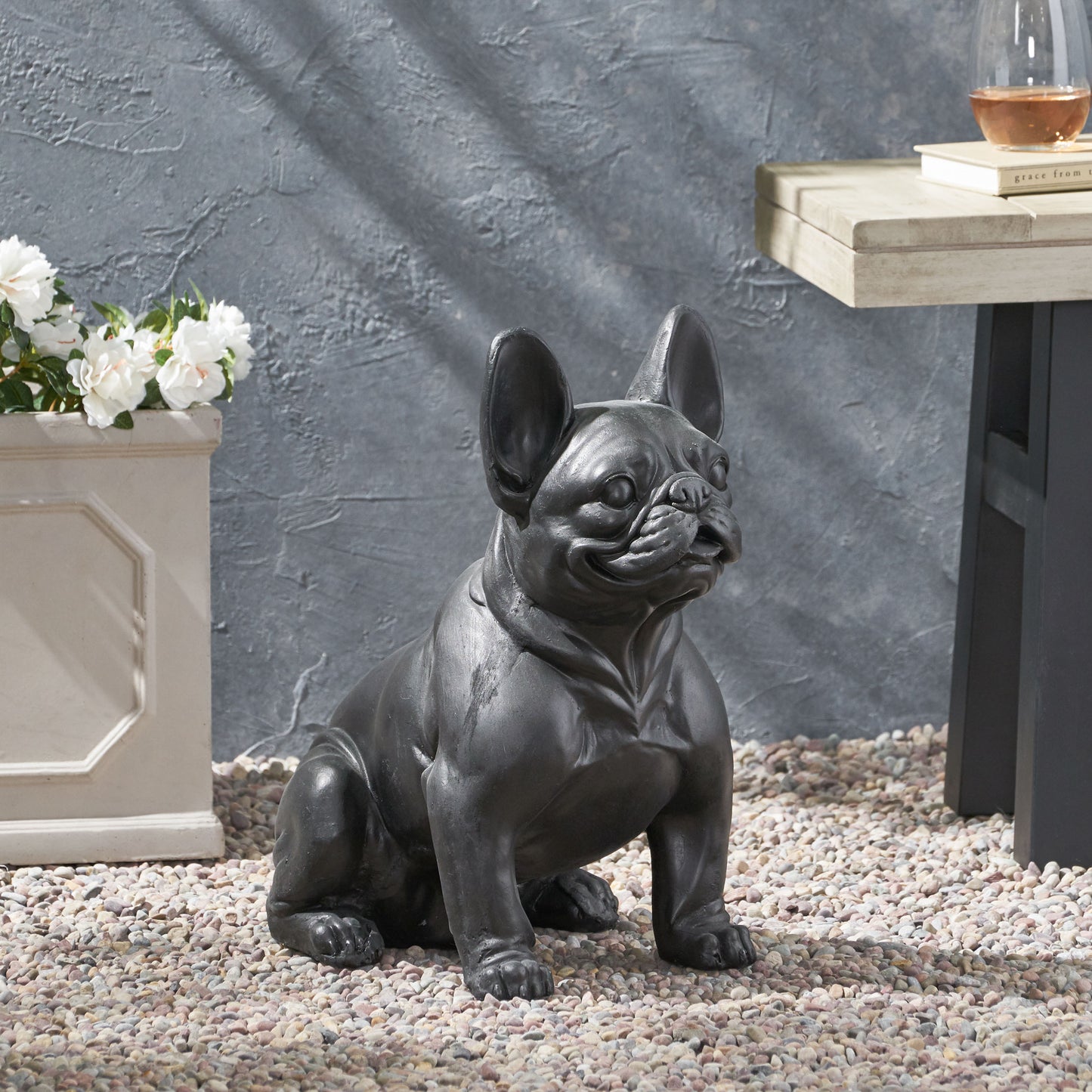 DOG GARDEN SCULPTURE, Outdoor French Bulldog Garden Statue, Matte Black, No Assembly Required