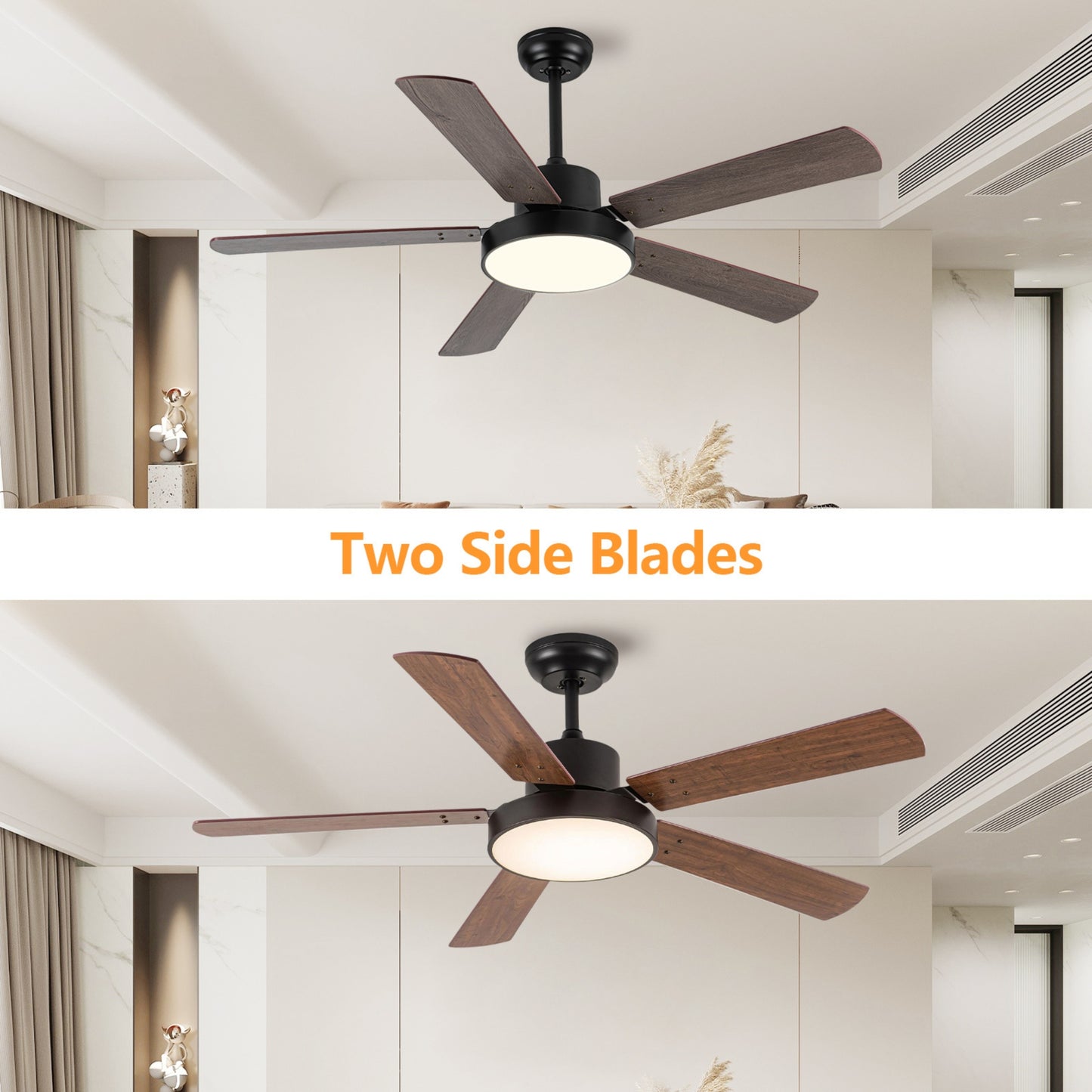 52 Inch Downrod Ceiling Fans with Lights and Remote Control, Modern Outdoor Indoor Wood and Dark 5 Blades LED Lights Smart Ceiling Fans for Bedroom, Living Room, and Patios (Set of 2)