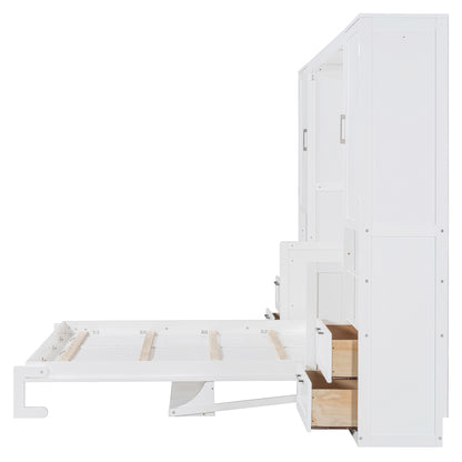 Queen Size Murphy Bed Wall Bed with Closet ,Drawers and Shelves,White