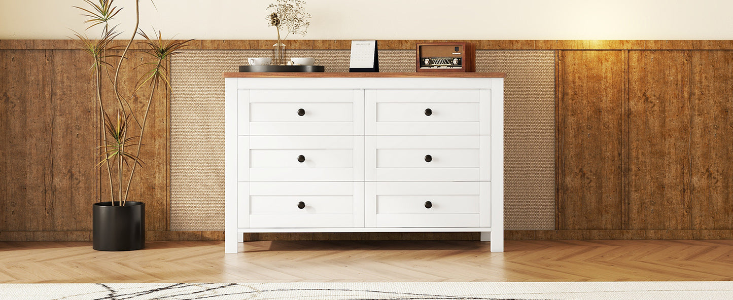 Retro Farmhouse Style Wooden Dresser with 6 Drawer, Storage Cabinet for Bedroom, White+Brown