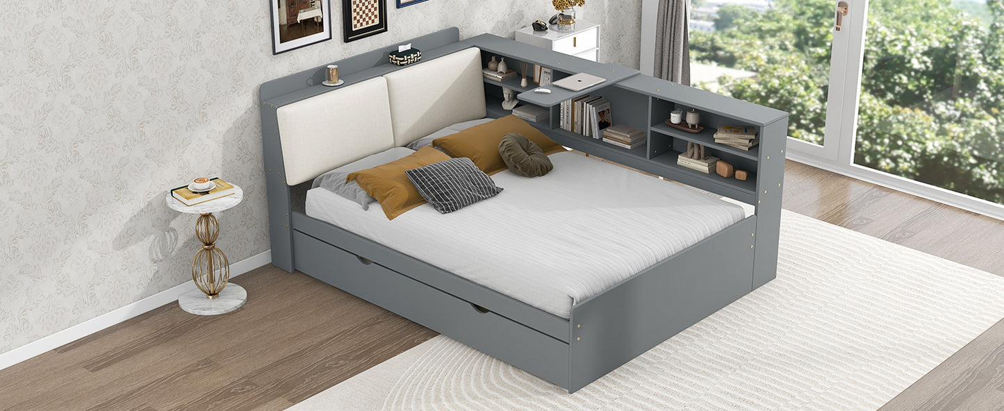 Wood Full Size platform bed with Trundle, Shelves and Storage Headboard, Gray