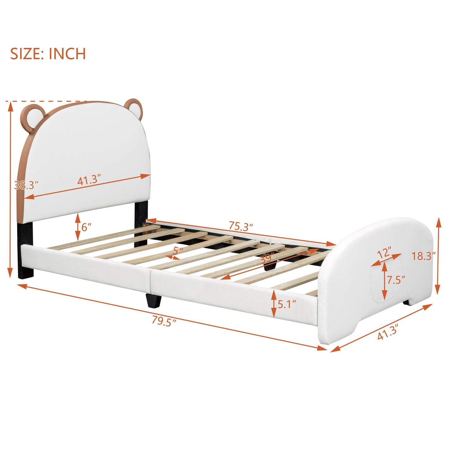 Twin Size Upholstered Platform Bed with Bear-shaped Headboard and Footboard,White+Brown