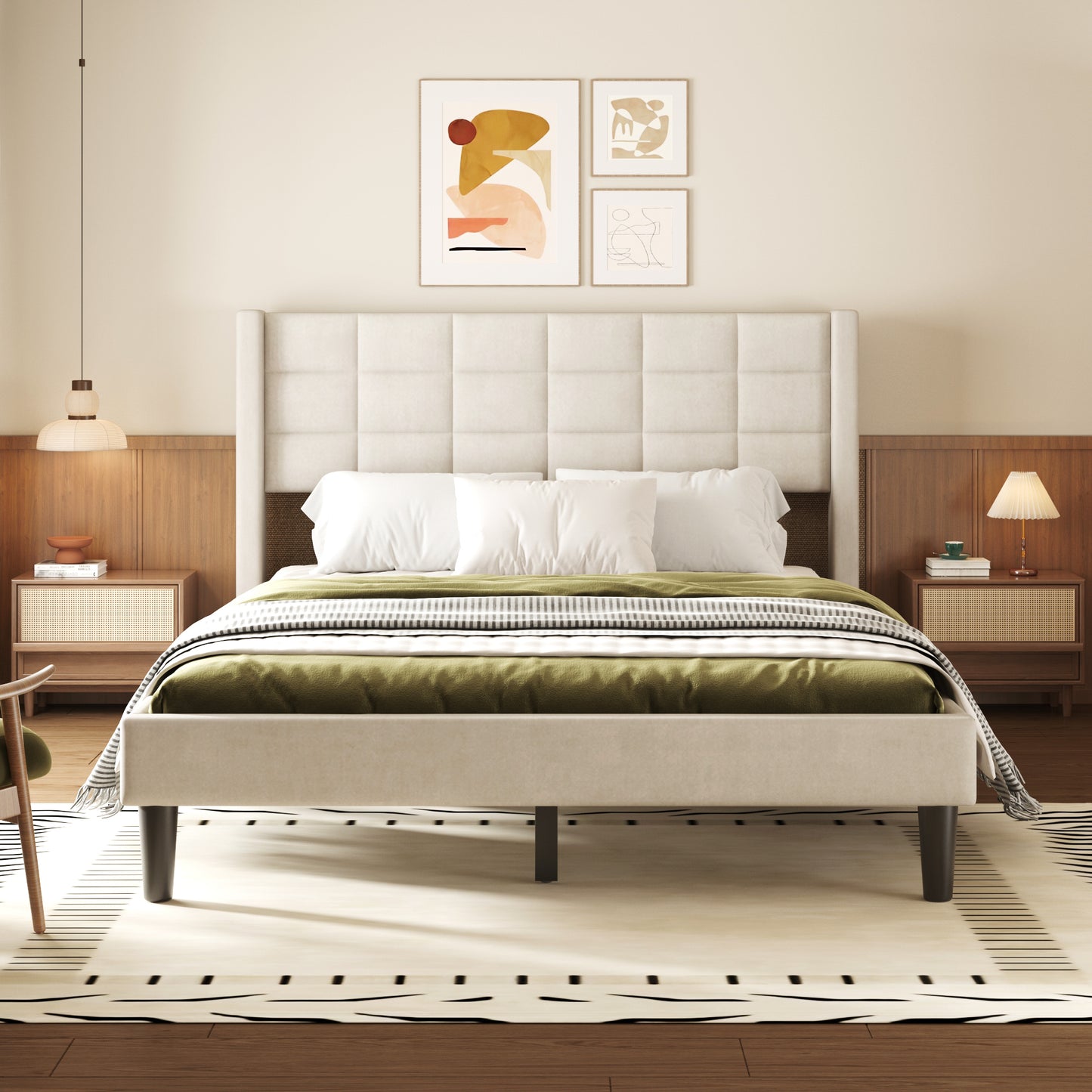 Queen Size Upholstered Platform Bed with Support Legs, Beige