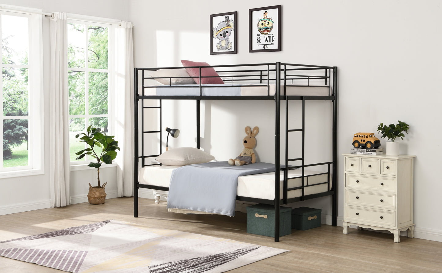 Bunk Bed Twin Over Twin Size with 2 Ladders and Full-Length Guardrail, Metal, Storage Space, No Box Spring Needed, Noise Free, Black