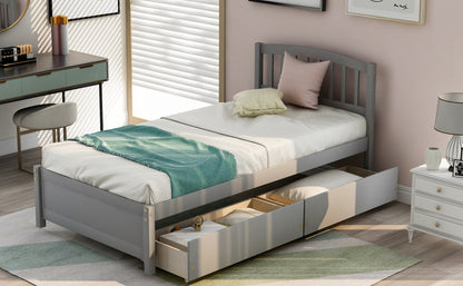 Twin Platform Storage Bed Wood Bed Frame with Two Drawers and Headboard, Gray