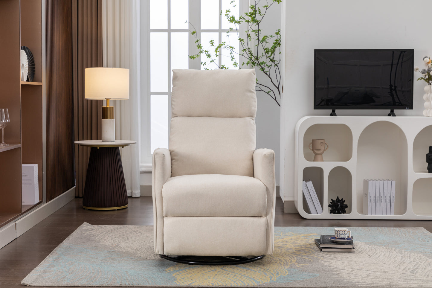 038-Cotton Linen Fabric Swivel Rocking Chair Glider Rocker Recliner Nursery Chair With Adjustable Back And Footrest For Living Room Indoor,Beige