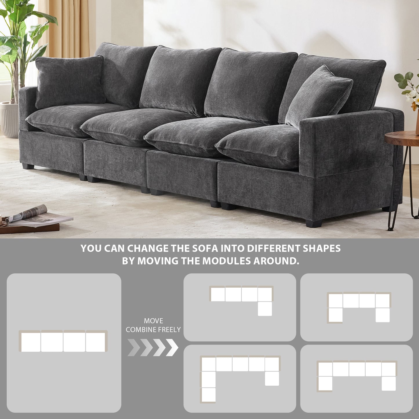 110*29" Modern Modular Sofa, 4 Seat Chenille Sectional Couch Set with 2 Pillows Included, Freely Combinable Indoor Funiture for Living Room, Apartment, Office, 2 Colors