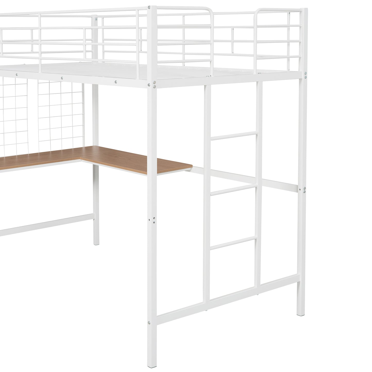 Twin Metal Loft Bed with Desk and Metal Grid,White