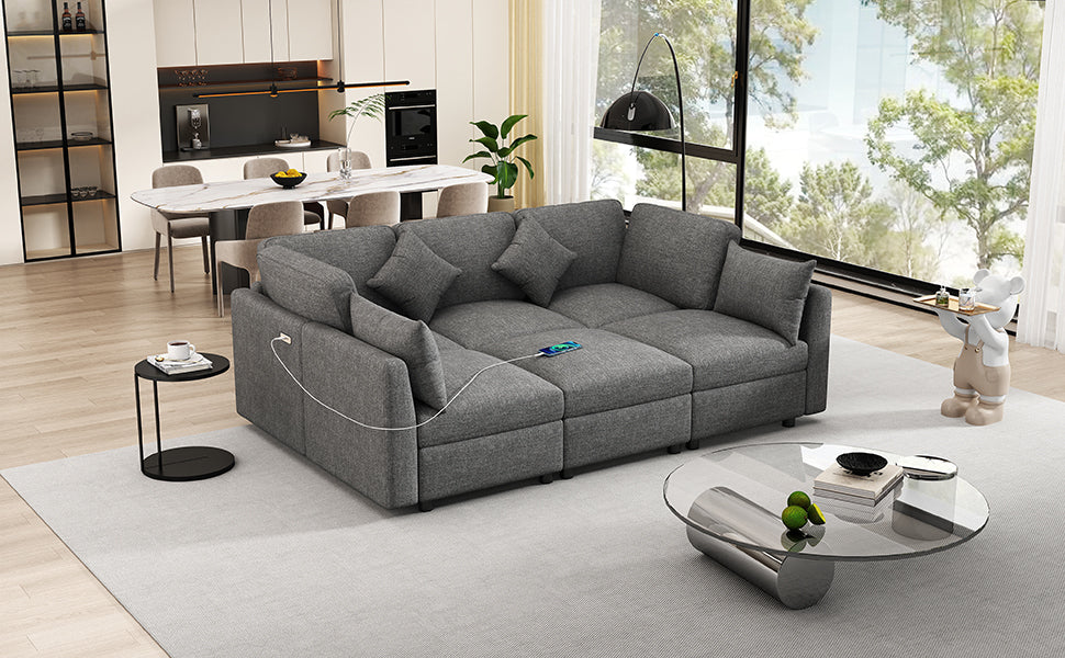 85.4" Sectional Sofa Modular Sofa U-shaped Sofa Couch Sofa Bed L-shaped Sofa with a Movable Ottoman and Two USB Ports for Living Room, Grey