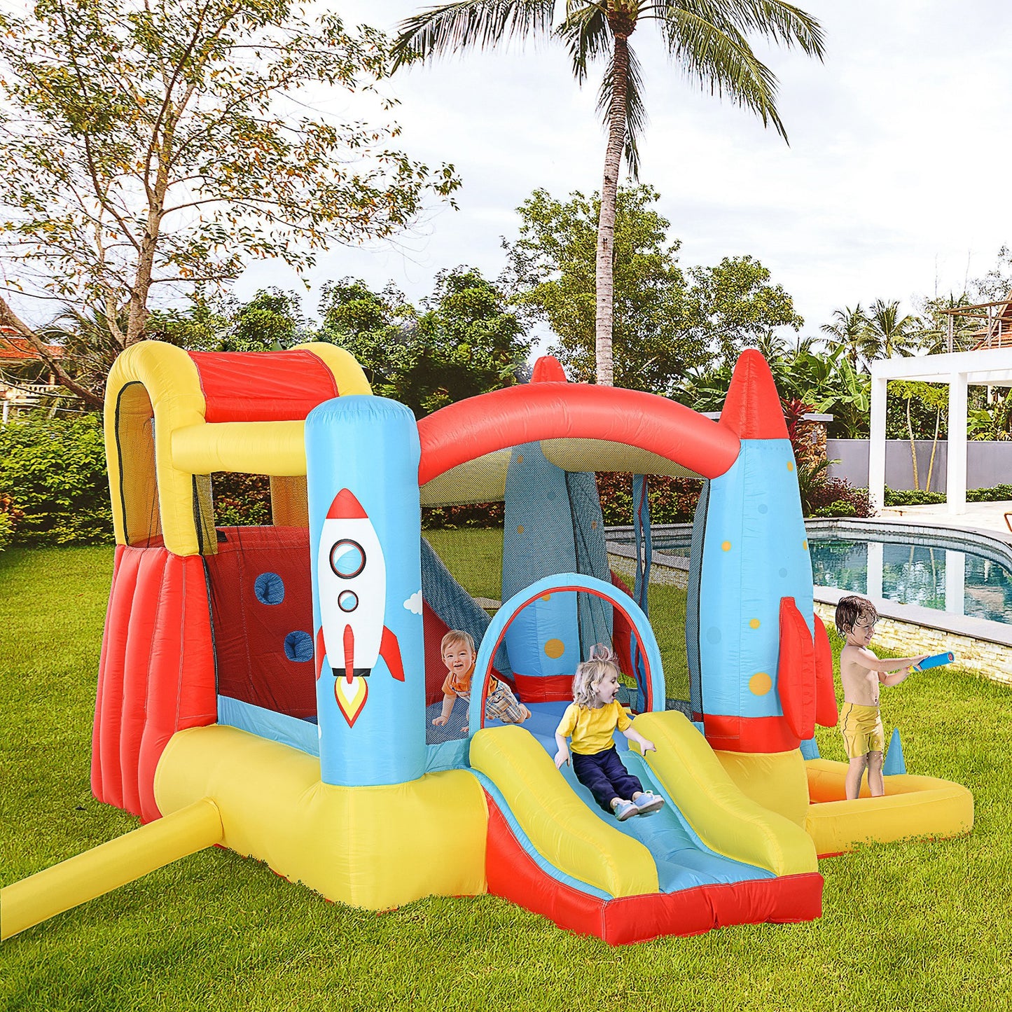 Outsunny Kids Inflatable Water Slide, 4-in-1 Bounce House Jumping Castle with 2 Slides, Climbing Wall, Trampoline, & Water Pool Area, Air Blower