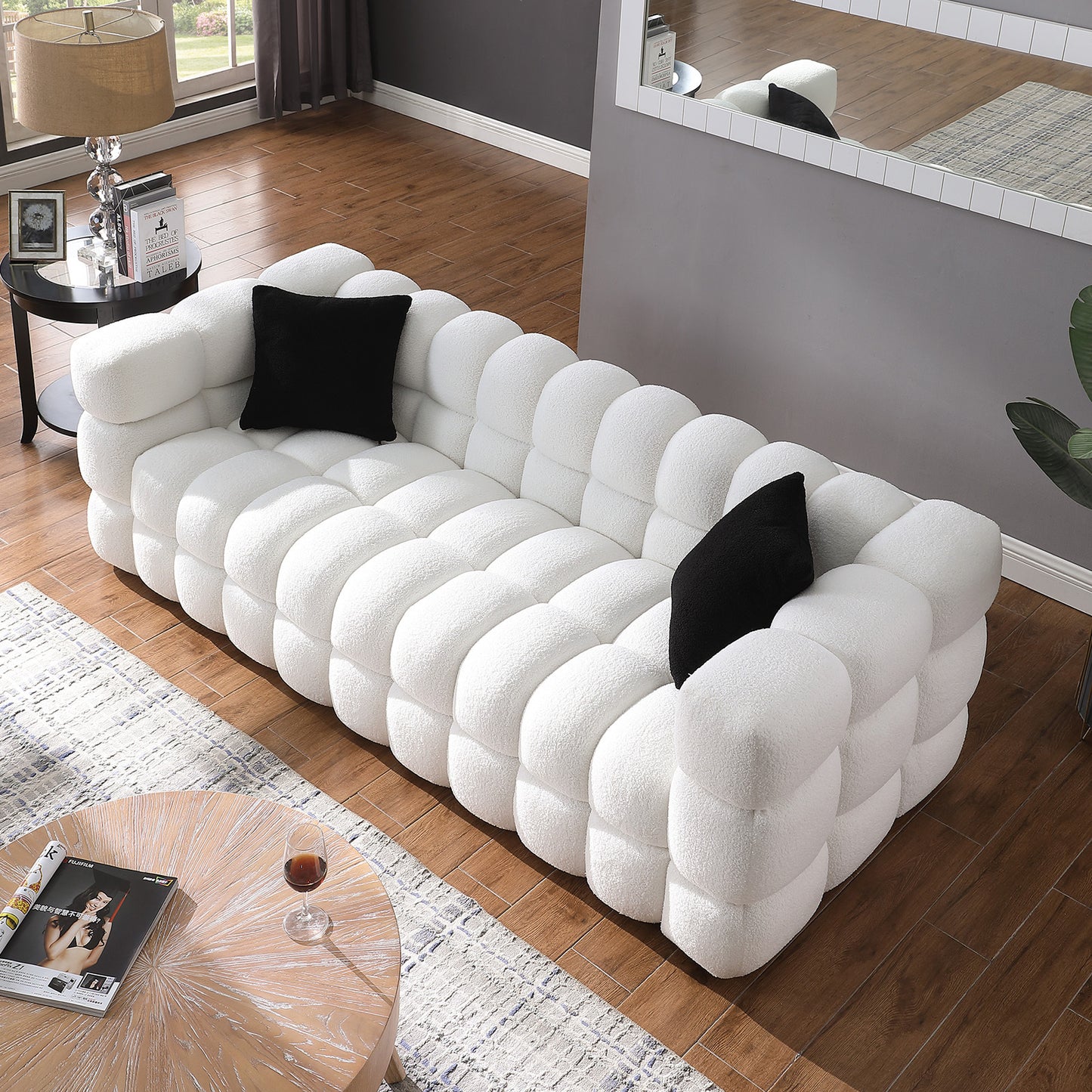 84.3 length ,35.83" deepth ,human body structure for USA people,  marshmallow sofa,boucle sofa ,White color,3 seater