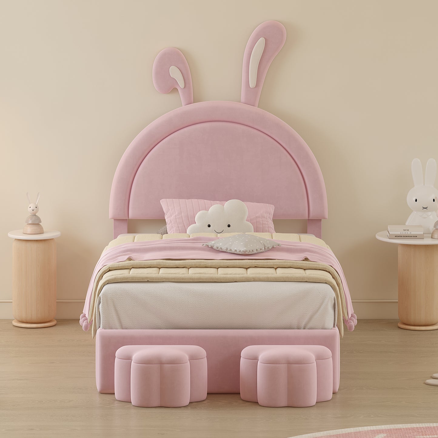 Twin size Upholstered Rabbit-Shape Bed with 2 Storage Stools, Velvet Platform Bed with Cartoon Ears Shaped Headboard, Pink