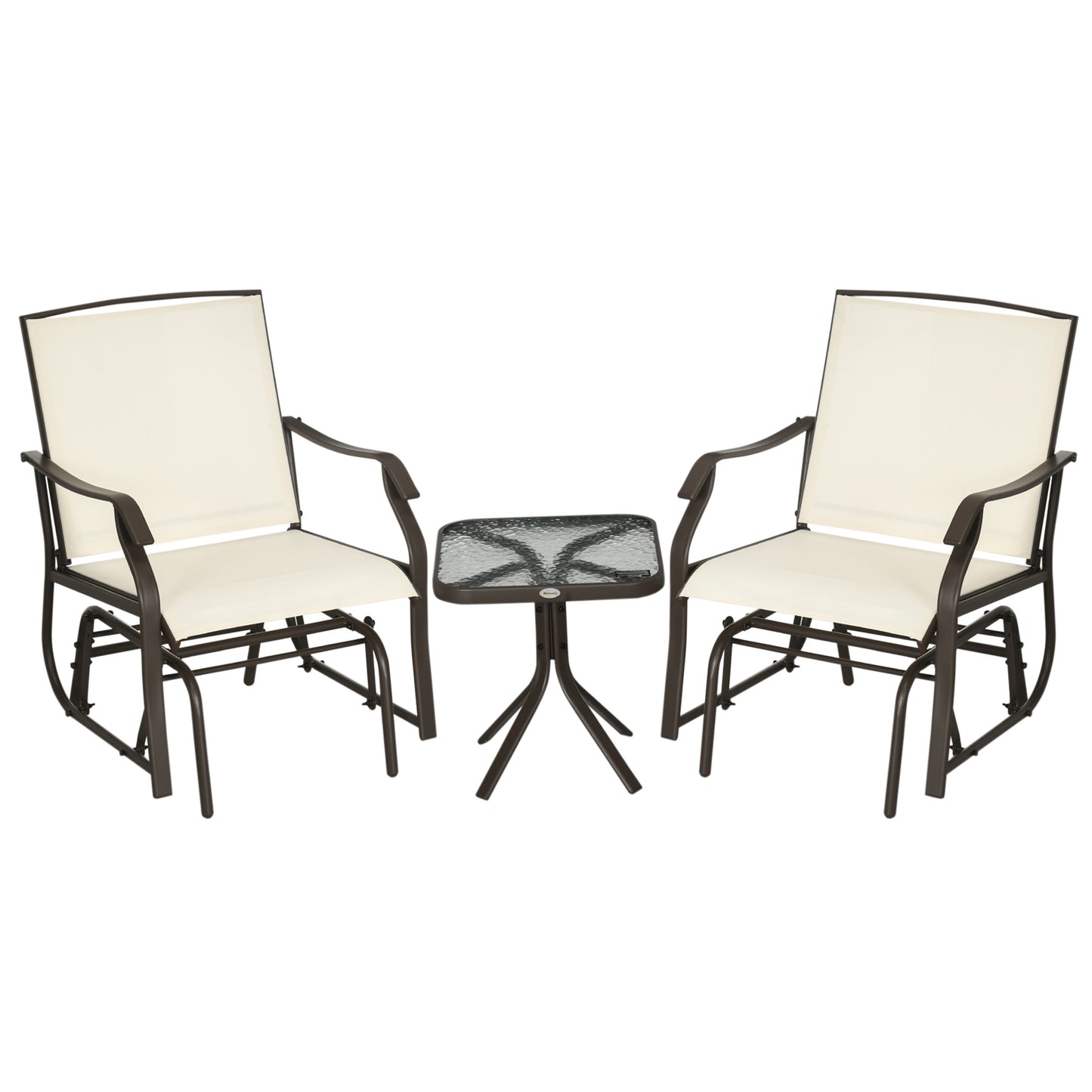 Outsunny 3 Piece Outdoor Glider Chair with Coffee Table Bistro Set, 2 Patio Rocking Swing Chairs with Breathable Sling Fabric, Glass Tabletop, for Backyard, Garden and Porch, Cream White