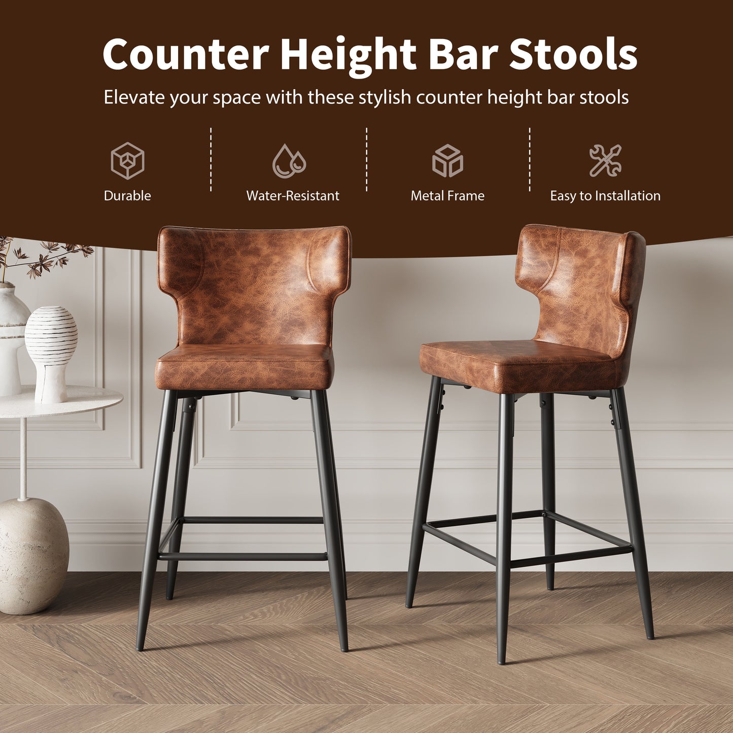 28inch Counter Height Bar Stools Set of 2, Modern Bar Upholstered Chairs with PU Leather, Metal Footrest and Frame for Kitchen Island, Bar Table, Dining Room, Brown