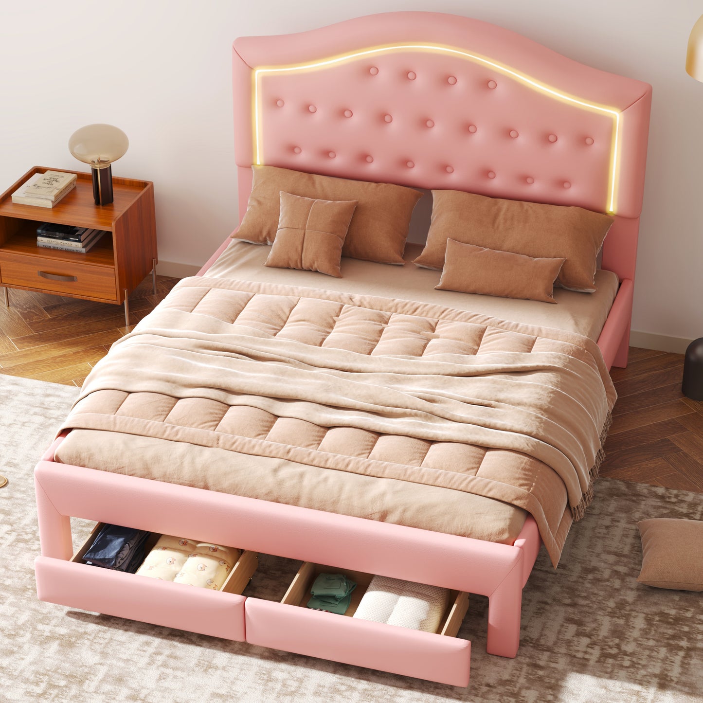 Queen Size Upholstered Platform Bed with Tufted Headboard, LED and 2 Drawers, Pink