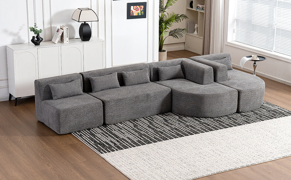 143.7" Upholstered Sofa Free-combined Sofa Couch with Two Chaise Lounge and Five Back Pillows for Living Room, Light Gray