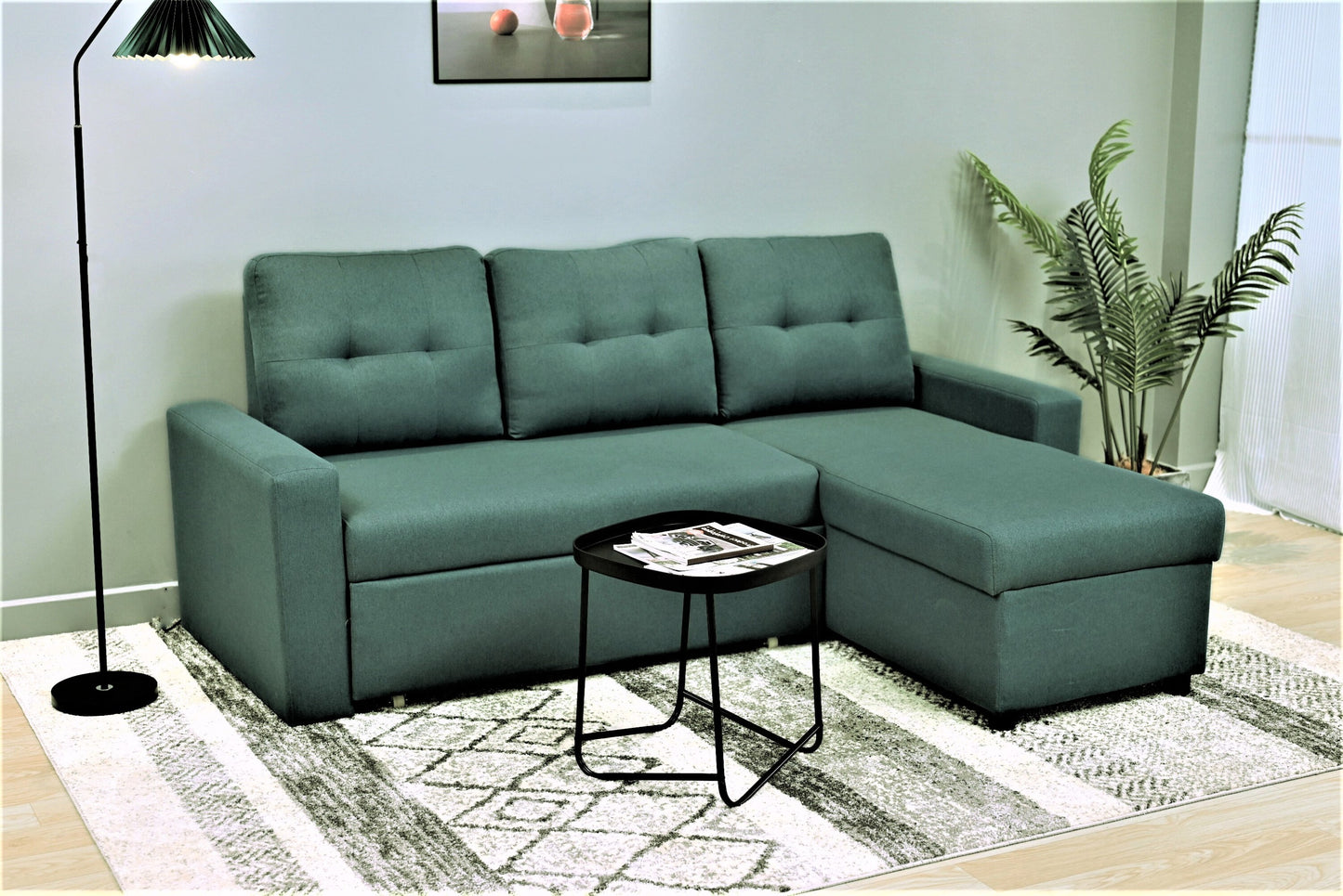 Container Furniture Direct Convertible L-Shaped Sectional Sleeper Sofa Bed, Stylish Apartment Furniture, Saving Pull Out Couch for Small Spaces and Living Rooms, Bluenish Green