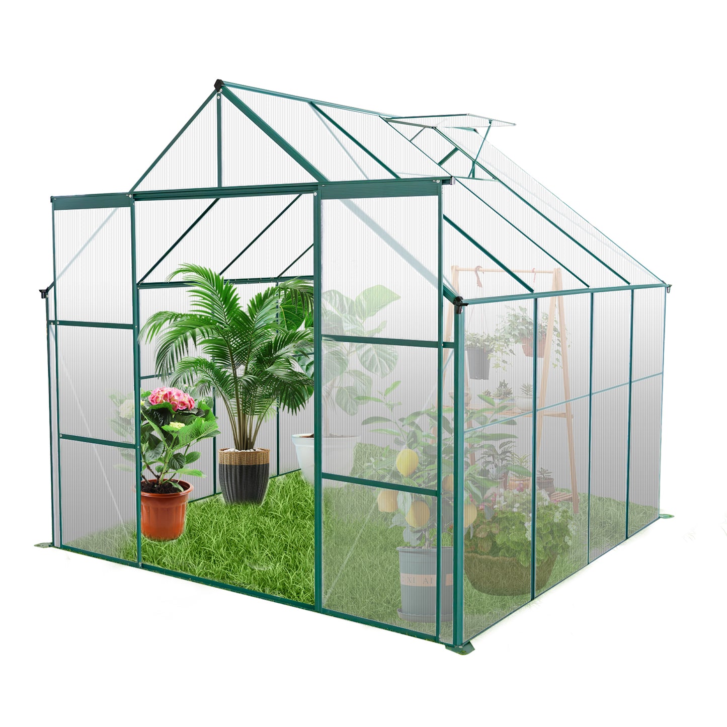 8x8 FT Double Door Polycarbonate Greenhouse Raised Base and Anchor Aluminum Heavy Duty Walk-in Greenhouses for Outdoor Backyard in All Season,Green