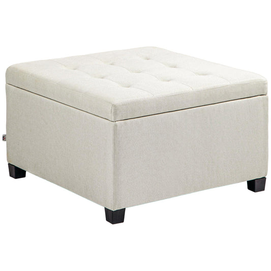 HOMCOM Fabric Tufted Storage Ottoman with Flip Top Seat Lid, Metal Hinge and Stable Eucalyptus Wood Frame for Living Room, Entryway, or Bedroom, Beige