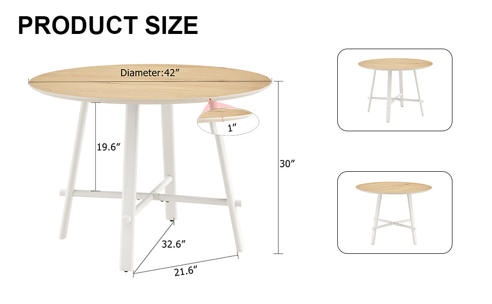 A modern and minimalist circular dining table with a 42 inch diameter wood colorer patterned tabletop and white metal legs. Suitable for restaurants, living rooms, and conference rooms.