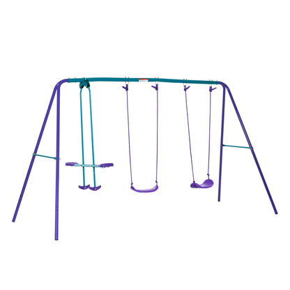 Outsunny Metal Swing Set with Glider, Two Swing Seats and Adjustable Height, Outdoor Heavy Duty A-Frame Suitable for Playground, Backyard, Purple