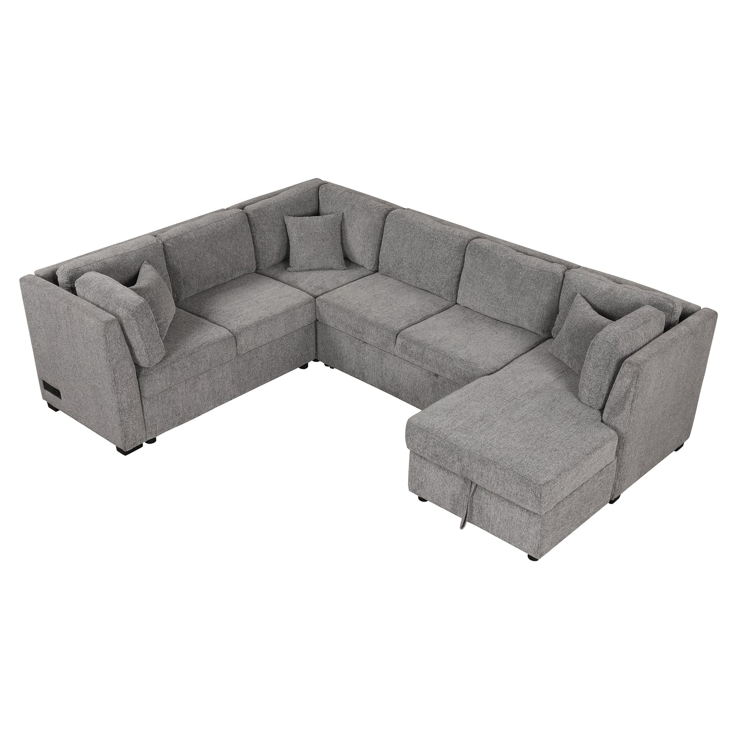 108.6" U-shaped Sectional Sofa Pull out Sofa Bed with Two USB Ports, Two Power Sockets, Three Back Pillows and a Storage Chaise for Living Room, Light Gray