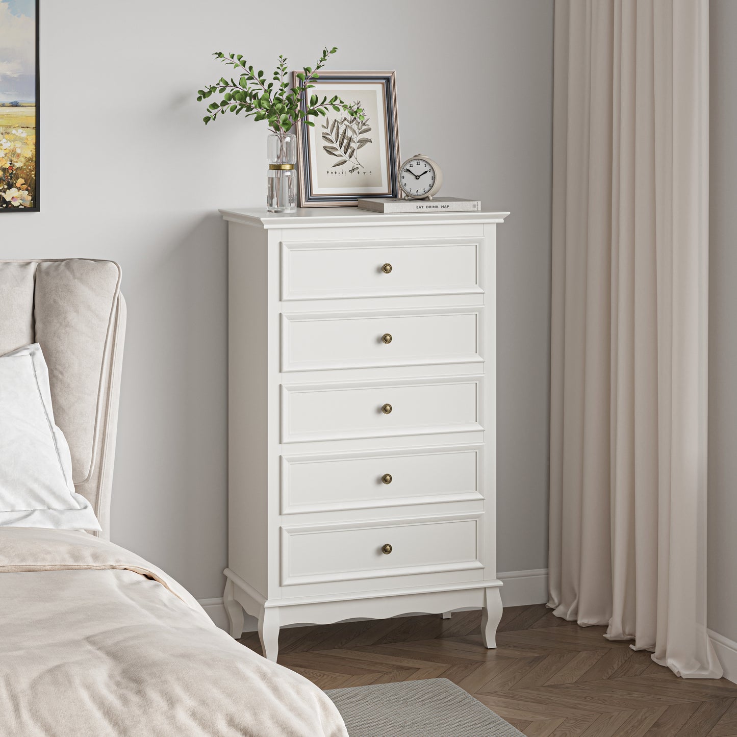 5 Drawer Dresser for Bedroom, Modern Storage Closet Cabinet Organizerwith Solid Wood Legs and Painted Finish-White