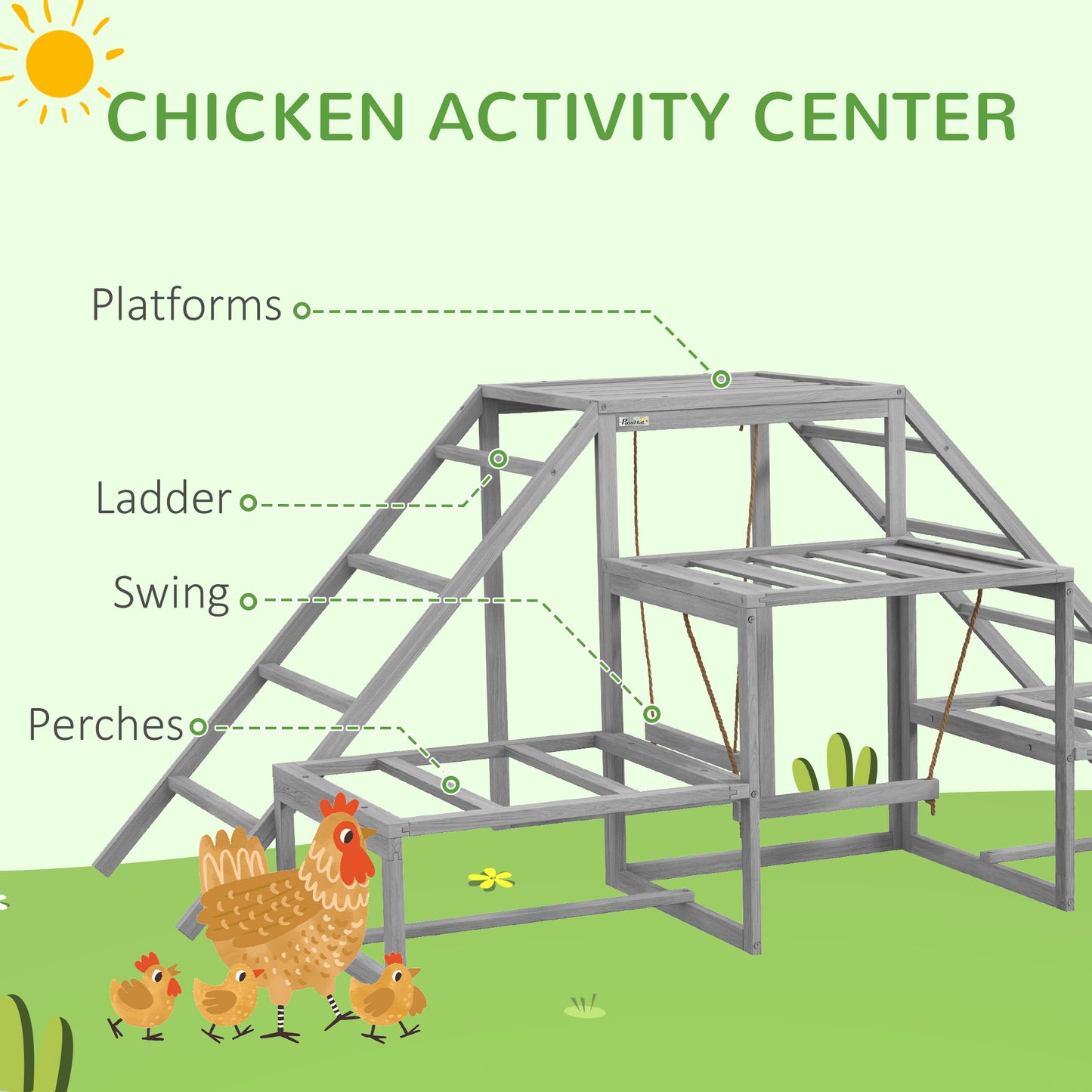 PawHut Chicken Toys for Coop, Chicken Swing Set, Chicken Coop Accessories for Poultry Run with Perches, Wood Stand, Ladder, Platforms, for 10-15 Chickens, Gray