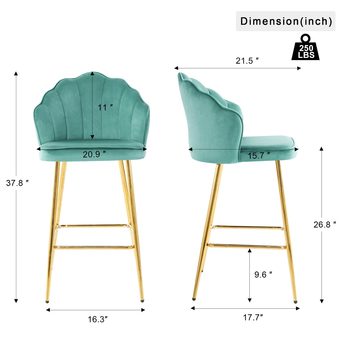 Shell shape green velvet bar chair, gold-plated metal chair legs, suitable for coffee shop, bar, restaurant (set of 2)