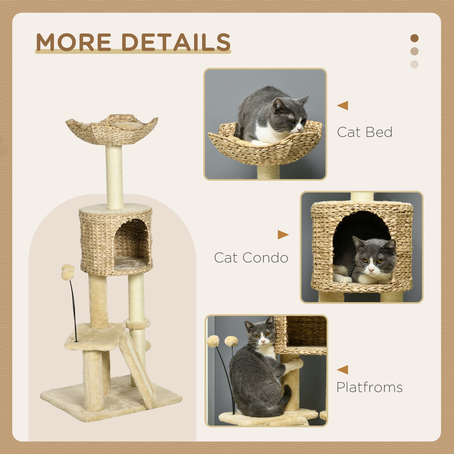 PawHut 45" Cat Tree for Indoor Cats, Cat Tree Tower with Scratching Posts, Ramp, Condo, Toy Balls, Platforms, Bed, Ramp, Beige