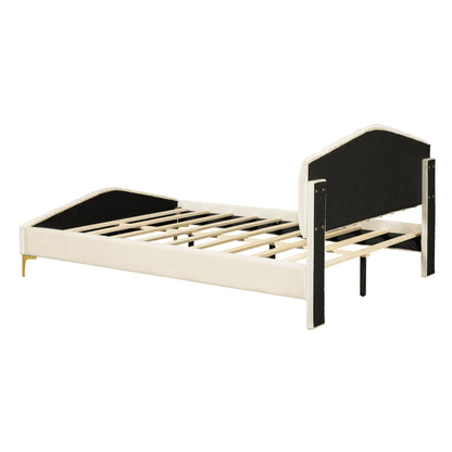 Queen Size Velvet Platform Bed with Thick Fabric, Stylish Stripe Decorated Bedboard and Elegant Metal Bed Leg, Beige