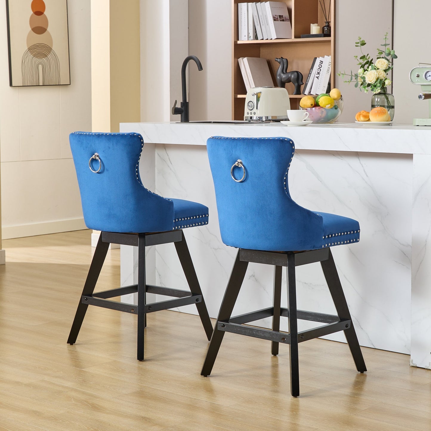 Swivel Velvet Barstools with Button Tufted Decoration and Wooden Legs, and Chrome Nailhead Trim, Leisure Style Bar Chairs,Bar stools, Set of 2 (Blue),SW1860BL