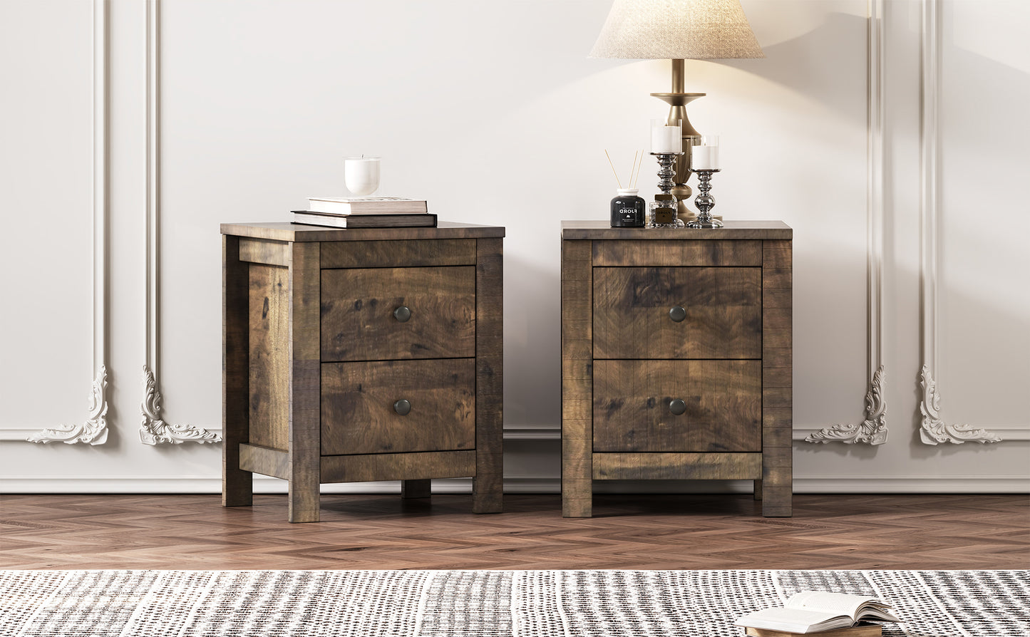 Farmhouse Wooden Nightstand Set of 2 with Retro Design, Wood Side Table with Storage Cabinet for Bedroom, Antique Walnut