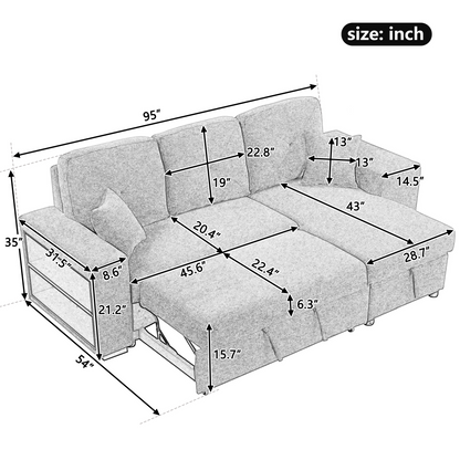 Reversible Sleeper Sectional Sofa Bed with Side Shelf and 2 Stools,Pull-Out L-Shaped Sofa Bed,Corner Sofa-Bed with Storage Chaise Left/Right Hande for Living Room,Knox Charcoal