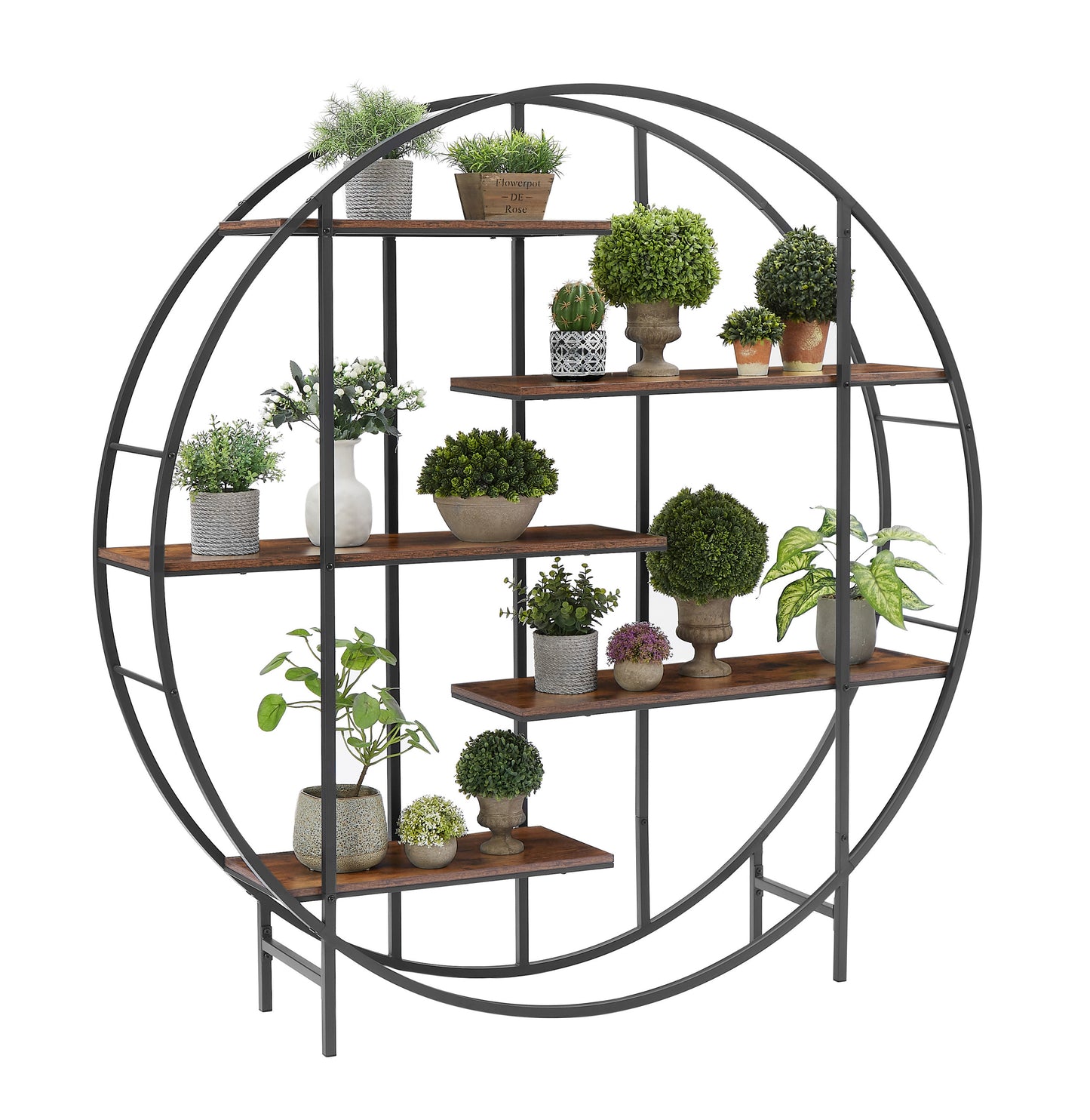 Round 5-Tier Metal Plant Stand bookcase storage rack, Indoor Living Room Terrace Garden Balcony Display Stand. Rustic Brown, 67'' W x 11.8'' D x 67'' H.