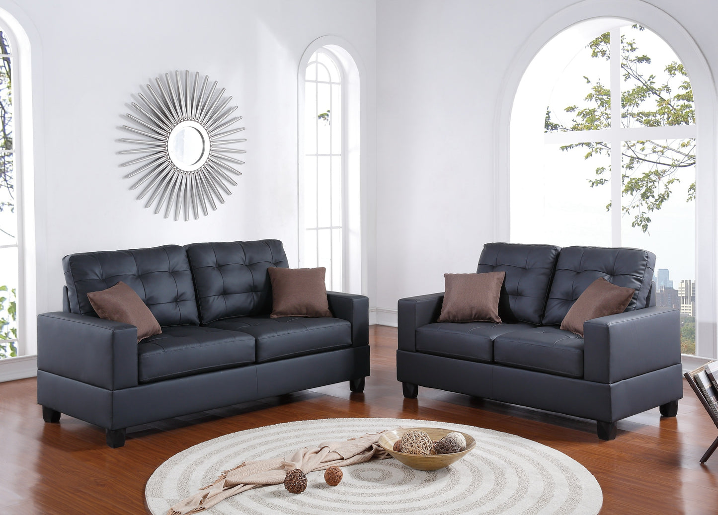 Living Room Furniture 2pc Sofa Set Black Faux Leather Tufted Sofa Loveseat w Pillows Cushion Couch