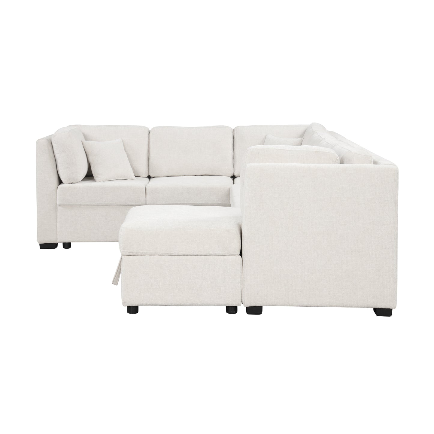 108.6" U-shaped Sectional Sofa Pull out Sofa Bed with Two USB Ports, Two Power Sockets, Three Back Pillows and a Storage Chaise for Living Room, Beige