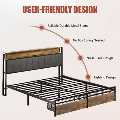 Queen Size Bed Frame Upholstered Platform Bed Frame with Storage Drawers, USB Ports, LED Lights, Upholstered Wingback Headboard, Rustic Brown