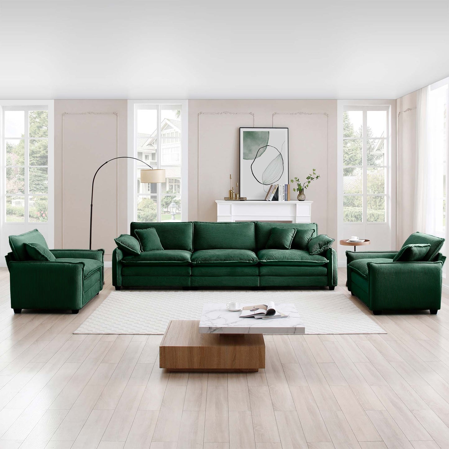 Warm and Cozy Sofa Set with Soft Cushions and Pillows, Home Theater Style Sofa Set Consisting of a 3-Seater Sofa and Two Single Sofas inGreen Corduroy Fabric